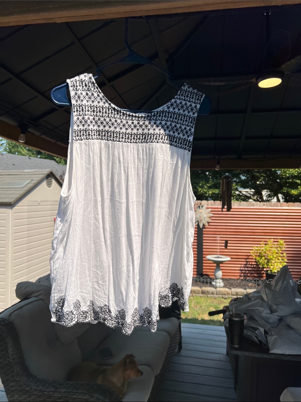 a.n.a White Sleeveless Tank with Black Embroidered Yoke & Hem